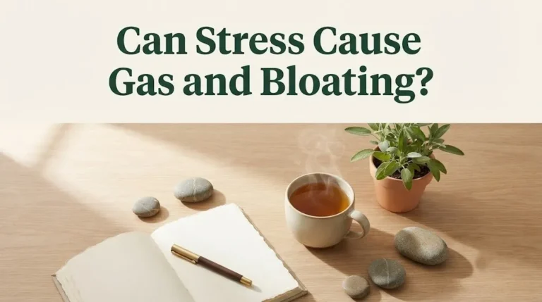 Image with headline Can Stress Cause Gas and Bloating showing peppermint tea, journal and stones on oak surface.
