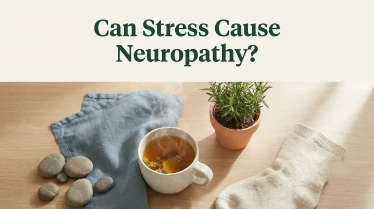Image with headline Can Stress Cause Neuropathy showing herbal tea, and wool socks on oak surface.