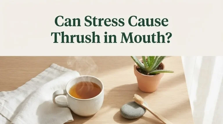 Image with headline Can Stress Cause Thrush in Mouth showing peppermint tea, and toothbrush on oak surface.
