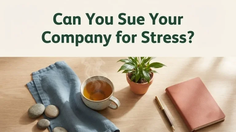 Image with headline Can You Sue Your Company for Stress showing herbal tea, peace lily and journal on oak surface.