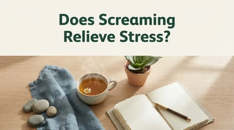 Image with headline Does Screaming Relieve Stress showing chamomile tea, snake plant and journal on oak surface.
