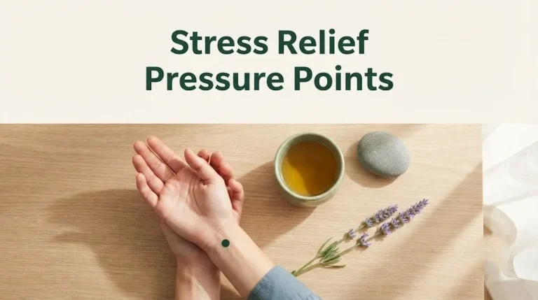 Image with headline Stress Relief Pressure Points hands demonstrating wrist acupressure and stone.