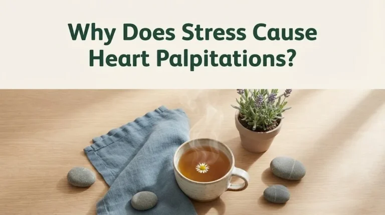 Image with headline Why Does Stress Cause Heart Palpitations showing chamomile tea and stones on oak surface.