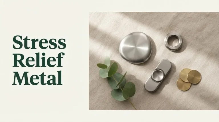 Metal stress relief tools including a worry stone, fidget ring, and slider arranged on linen.