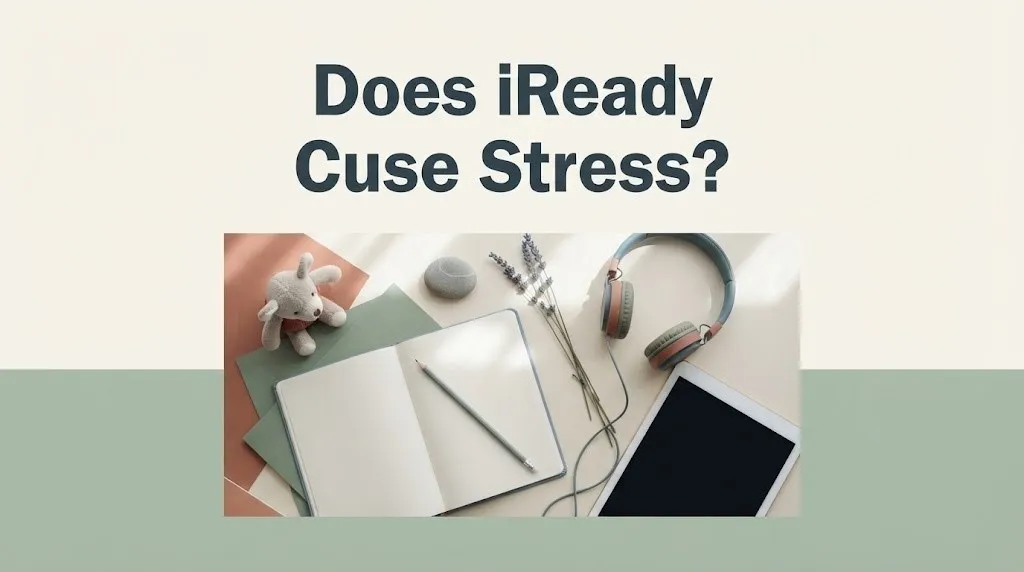 Notebook, tablet with dark screen, headphones, lavender, and stuffed animal on linen with article title Does iReady Cause Stress.