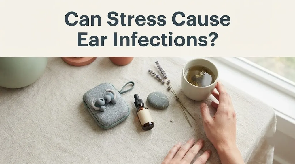 Overhead flat-lay of earbuds, dropper bottle, lavender, and tea on linen with article title Can Stress Cause Ear Infections.