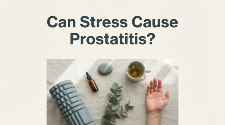Overhead flat-lay of foam roller, dropper bottle, eucalyptus, and tea on linen with article title Can Stress Cause Prostatitis.