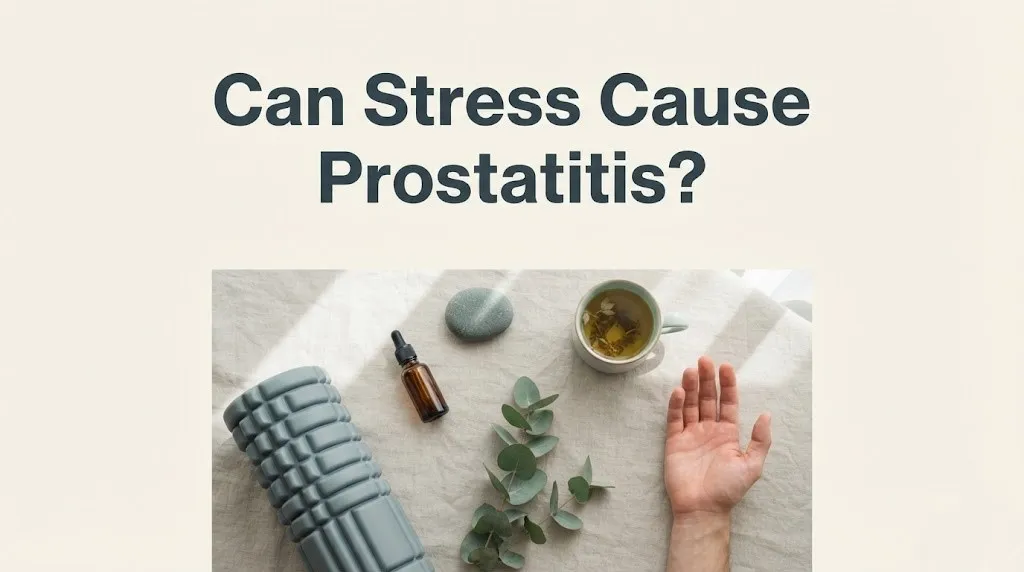 Overhead flat-lay of foam roller, dropper bottle, eucalyptus, and tea on linen with article title Can Stress Cause Prostatitis.