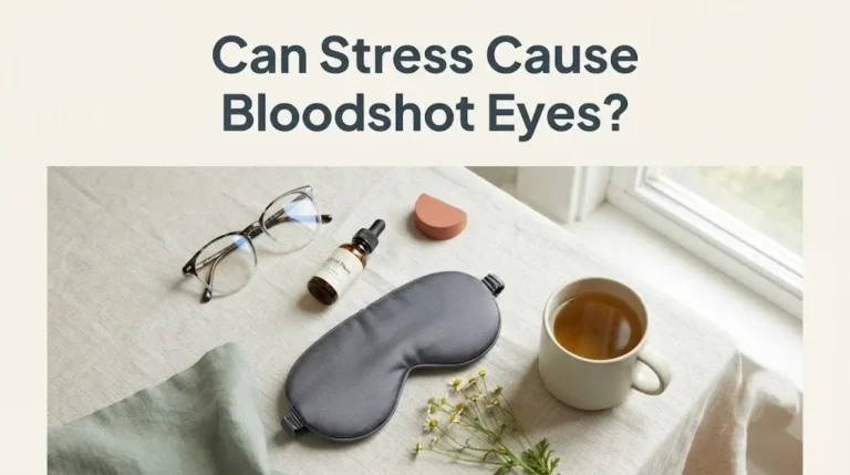 Overhead flat-lay of glasses, eye drops, sleep mask, chamomile, and tea on linen with article title Can Stress Cause Bloodshot Eyes.