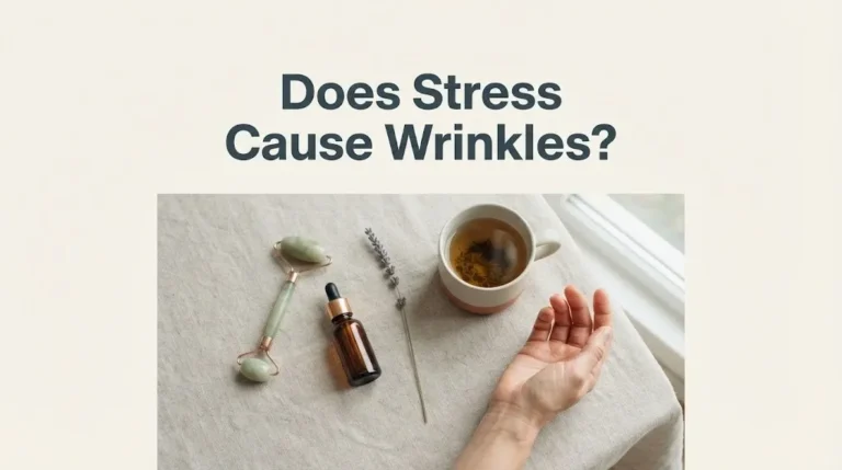 Overhead flat-lay of jade roller, serum bottle, lavender, and tea on linen with article title Does Stress Cause Wrinkles.