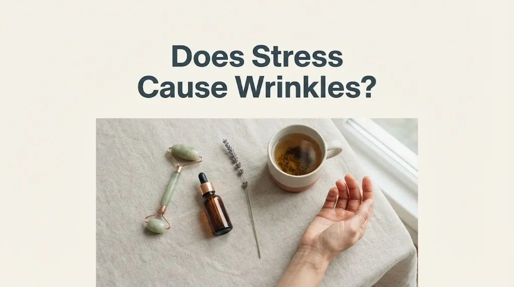 Overhead flat-lay of jade roller, serum bottle, lavender, and tea on linen with article title Does Stress Cause Wrinkles.