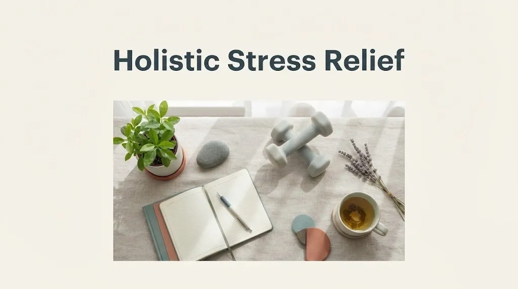 Overhead flat-lay of plant, journal, dumbbells, lavender, and tea on linen with article title Holistic Stress Relief.