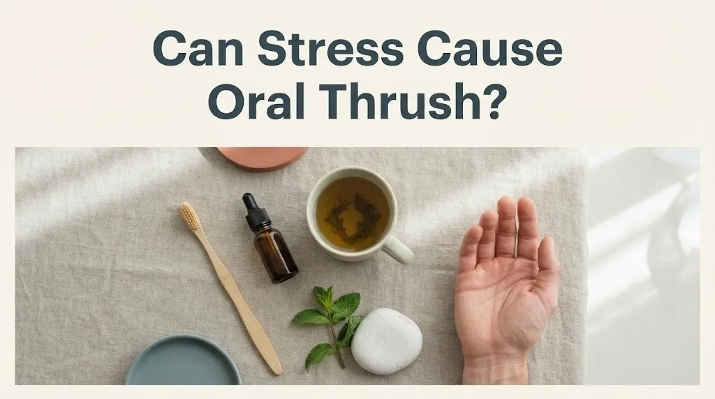 Overhead flat-lay of toothbrush, amber bottle, tea, and mint on linen with article title Can Stress Cause Oral Thrush.