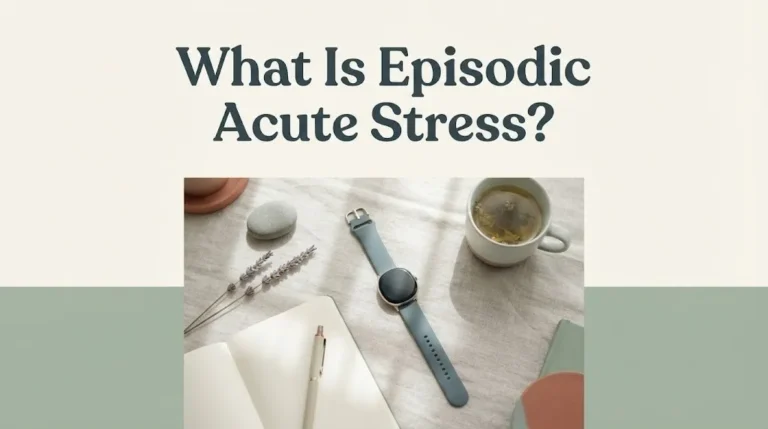 Overhead flat-lay of unfastened wristwatch, notebook, lavender, and tea on linen with article title What Is Episodic Acute Stress.