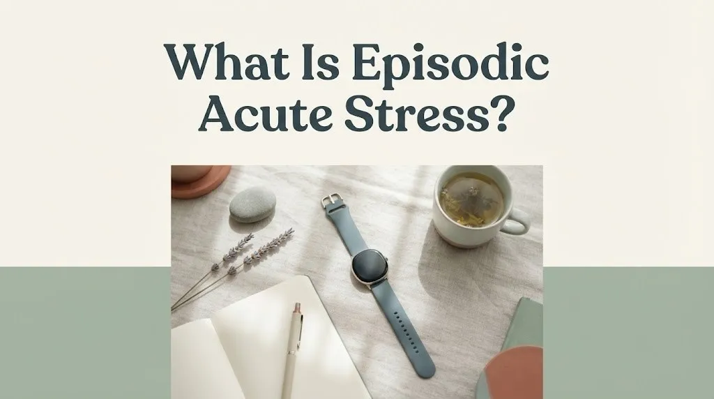 Overhead flat-lay of unfastened wristwatch, notebook, lavender, and tea on linen with article title What Is Episodic Acute Stress.