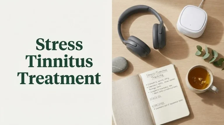 Stress tinnitus treatment hero image with sound therapy tools, journal, and calming tea on a light oak surface.