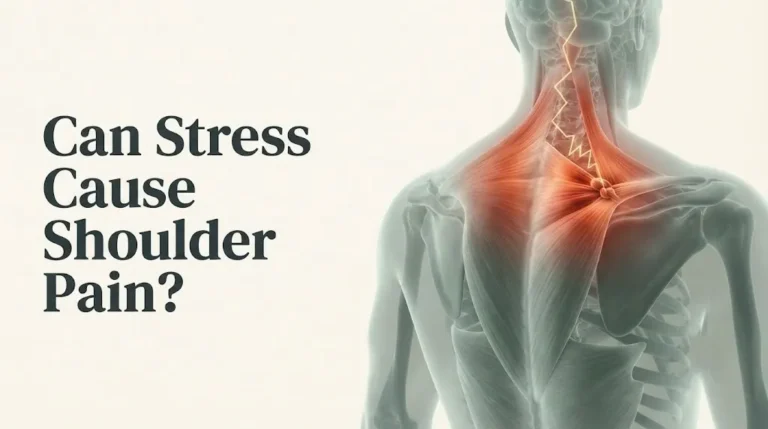 Translucent anatomical illustration of the upper back with a stressed trapezius muscle and trigger point highlighted.