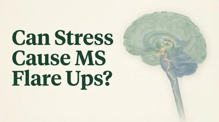 Translucent brain with a glowing lesion and a stress signal on a background, with the title Can Stress Cause MS Flare Ups.