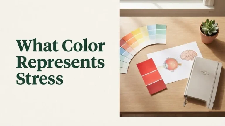 What color represents stress article hero image with red-to-blue color gradient swatches and eye-brain anatomical diagram.